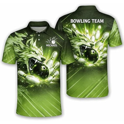 Custom Blue Wolf Men's Bowling Polo Shirt, Custom Wolf Bowling Team Shirts BZ0360