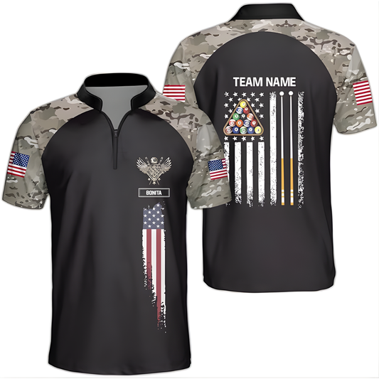 Custom USA Flag Camouflage Billiard Jersey For Men, Custom Camo Patriotic Billiard Team Shirts BIZ0083