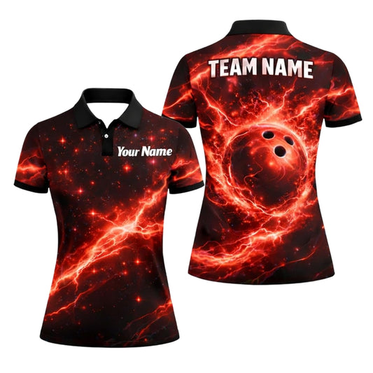 Custom Red Thunder Lightning Bowling Polo Shirt Women, Custom Thunder Bowling Team Shirts For Ladies BZ0361