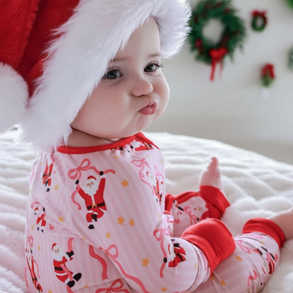 Santa Pink Bow Baby Girl Convertible Zippy Romper, Christmas Baby Romper Convertible BB0898