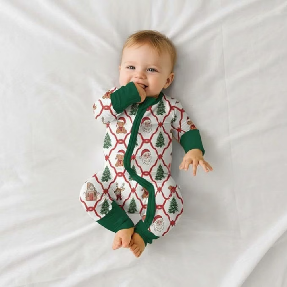 Santa Xmas Green White Baby Convertible Zippy Romper, Christmas Romper Convertible For Baby BB0615