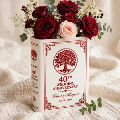 Personalized 40th Wedding Anniversary Ceramic Book Vase, Custom Ruby Wedding Anniversary Book Vase WD0649