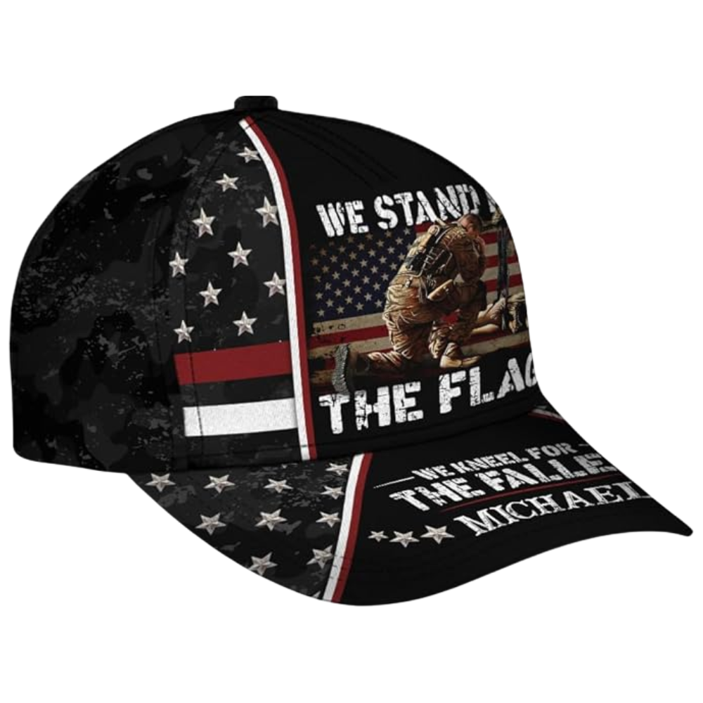 We Stand For The Flag We Kneel For The Fallen USA Flag Custom 3D Printed Baseball Cap, Custom Proud US Military Cap For Veteran Day CP0517