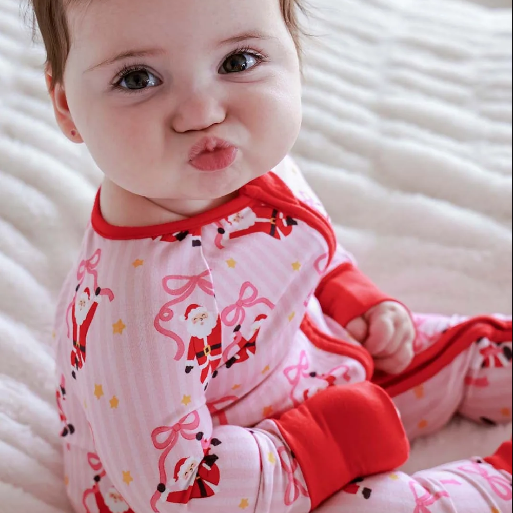 Santa Pink Bow Baby Girl Convertible Zippy Romper, Christmas Baby Romper Convertible BB0898
