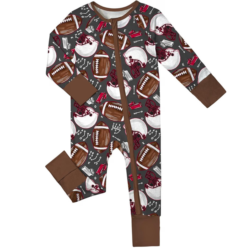Football Baby Romper Convertibler Zipper Brown, Football Baby Romper Convertible BB0616