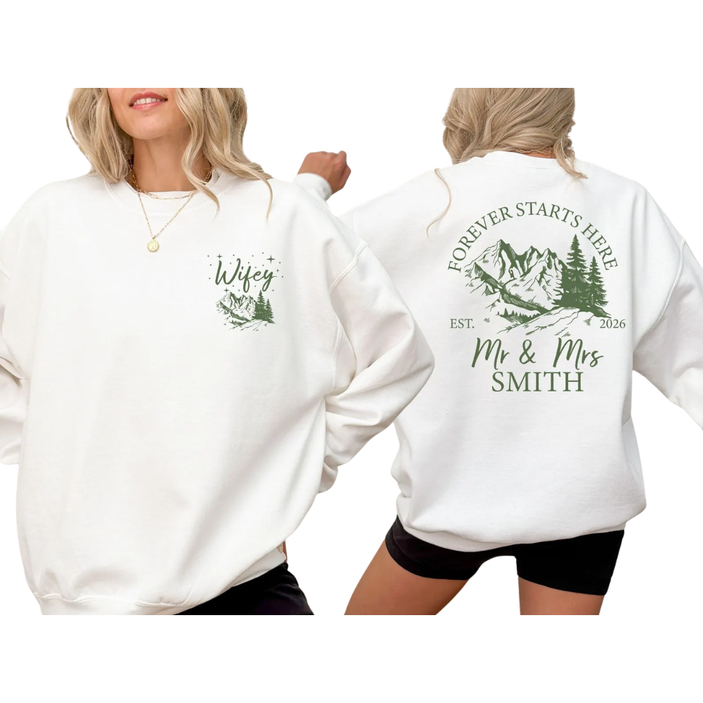 Forever Starts Here Custom Adventure Trip Couple Sweatshirt Matching, Custom Mr & Mrs Sweatshirts ET1477