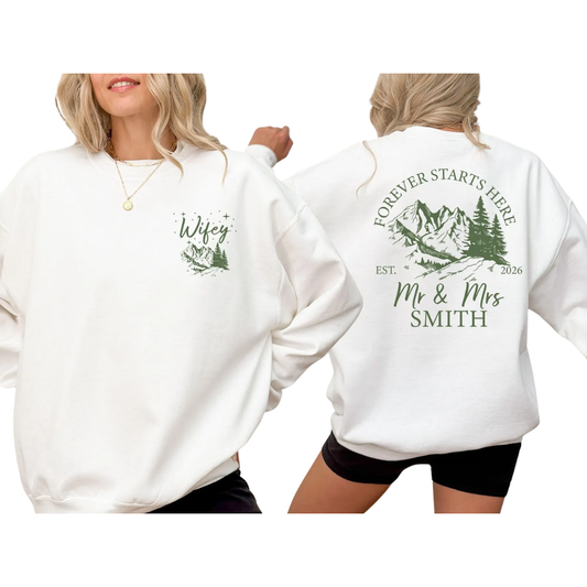 Forever Starts Here Custom Adventure Trip Couple Sweatshirt Matching, Custom Mr & Mrs Sweatshirts ET1477