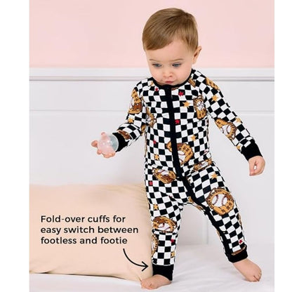 Baseballs Checkered Baby Romper Convertible Zipper, Baseball Baby Convertible Romper BB0362