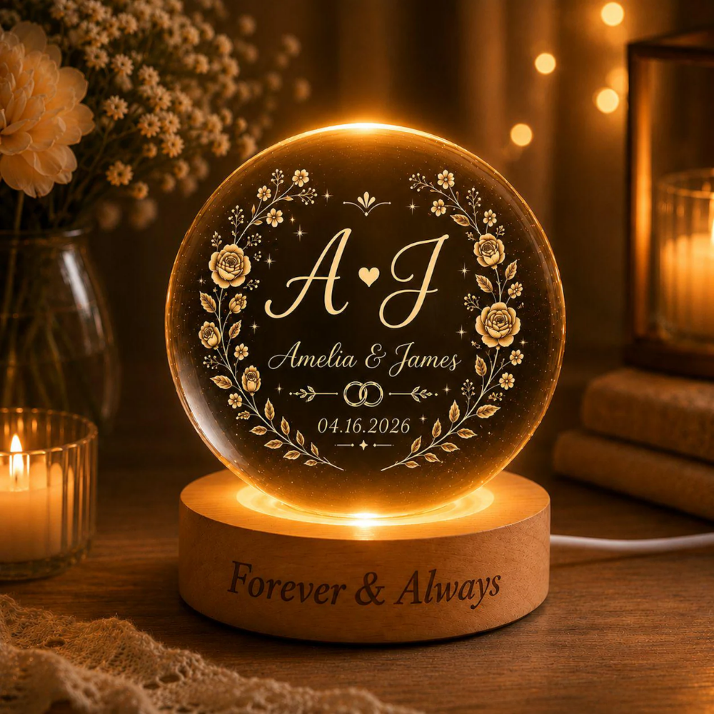 Custom Couple Initials Crystal Ball Led Night Light, Custom Anniversary Couple Night Light WD0851