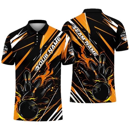 Custom Flame Orange And Black Mens Bowling Polo Shirt, Custom Flame Bowling Team Shirt BZ0484