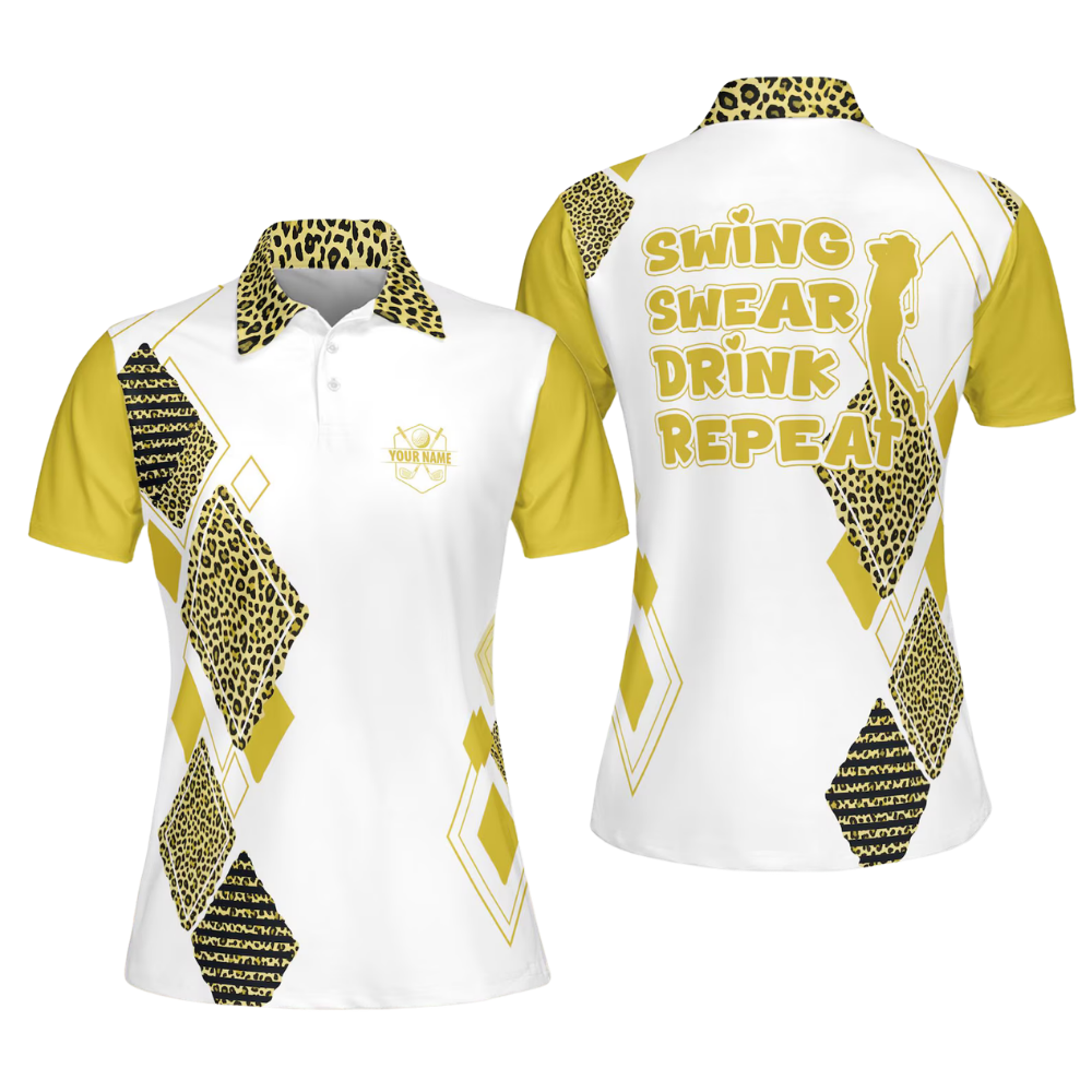 Swing Swear Drink Repeat Custom Leopard Black Pink Golf Polo Shirt Ladies, Custom Funny Golf Shirt For Women GE0601