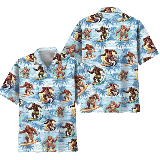Bigfoot Surfing Beach Hawaiian Shirt Mens, Tropical Bigfoot Hawaiian Shirts HE0159