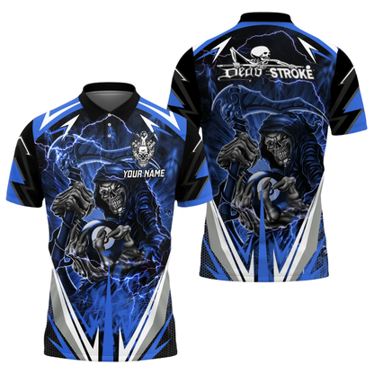 Custom Dead Stroke Skull 8 Ball Mens Blue Billiard Polo Shirt, Custom Skull Billiard Shirts BIZ0310