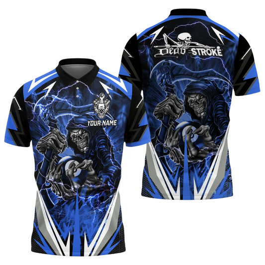 Custom Dead Stroke Skull 8 Ball Mens Blue Billiard Polo Shirt, Custom Skull Billiard Shirts BIZ0310