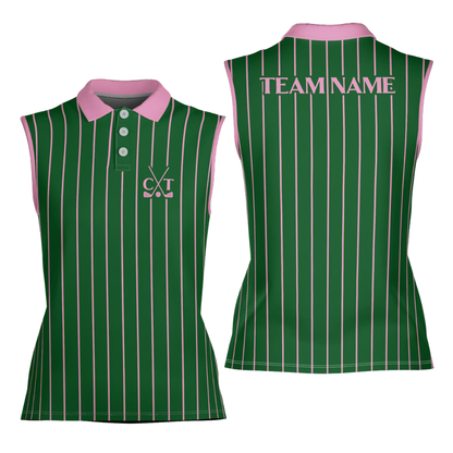 Custom Green Pink Womens Sleeveless Golf Shirt, Custom Team Golf Shirt For Women GE0571