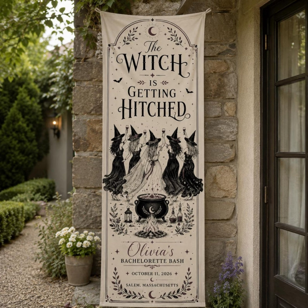 The Witch Getting Hitched Custom Halloween Bachelorette Fabric Welcom Banner, Custom Bachelorette Halloweeen Sign WD0401