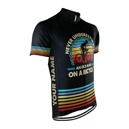 Custom Never Overestimate An Old Man On A Bicycle Cycling Short Sleeve Jersey For Men, Custom Funny Black Cycling Jersey CG0833