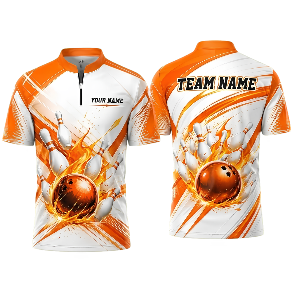 Flame Ball Custom Red White Bowling Jersey For Men, Custom Flame Bowling Team Shirts BZ0924