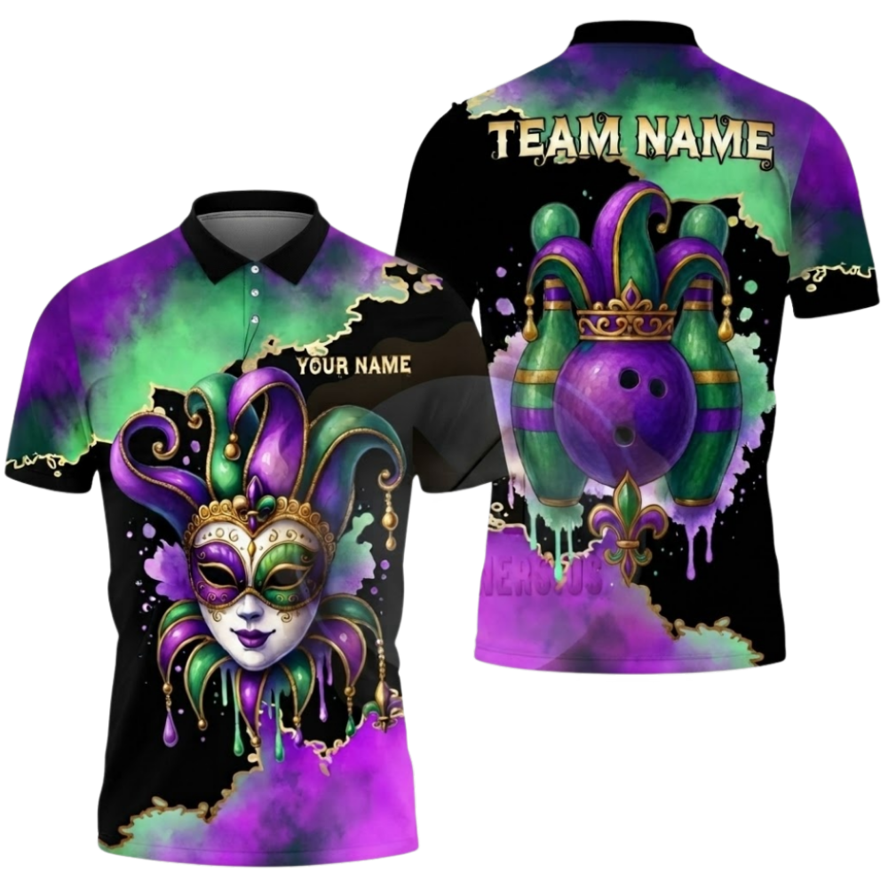 Custom Mardi Gras Mask Men's Bowling Polo Shirt, Custom Mardi Gras Bowling Team Shirt BZ0643