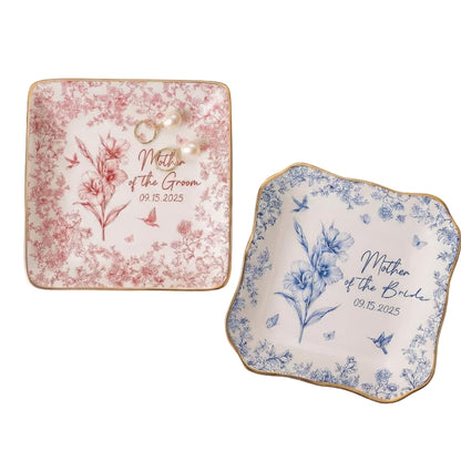 Custom Toile De Jouy Mother Of The Bride & Groom Jewelry Dish, Custom Wedding Jewelry Dish For Mother Of The Bride & Groom WD0054