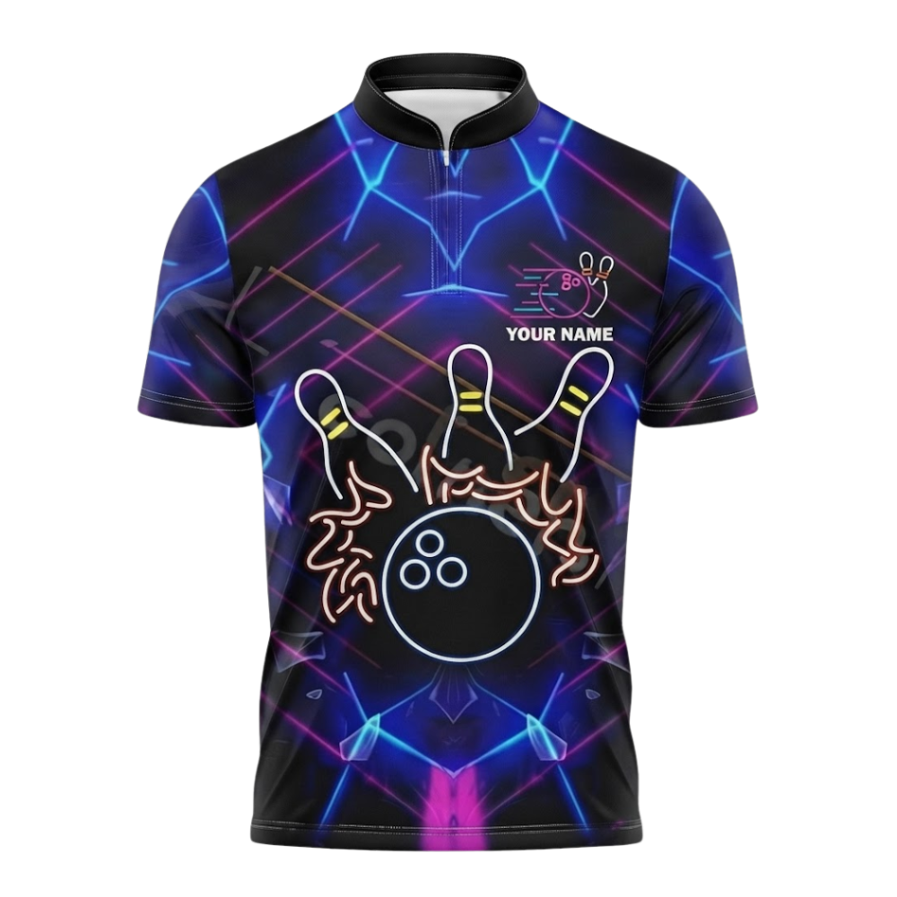 Custom Neon Blue Purple Mens Bowling Jersey, Custom Bowling Team Shirts BZ0556
