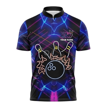 Custom Neon Blue Purple Mens Bowling Jersey, Custom Bowling Team Shirts BZ0556
