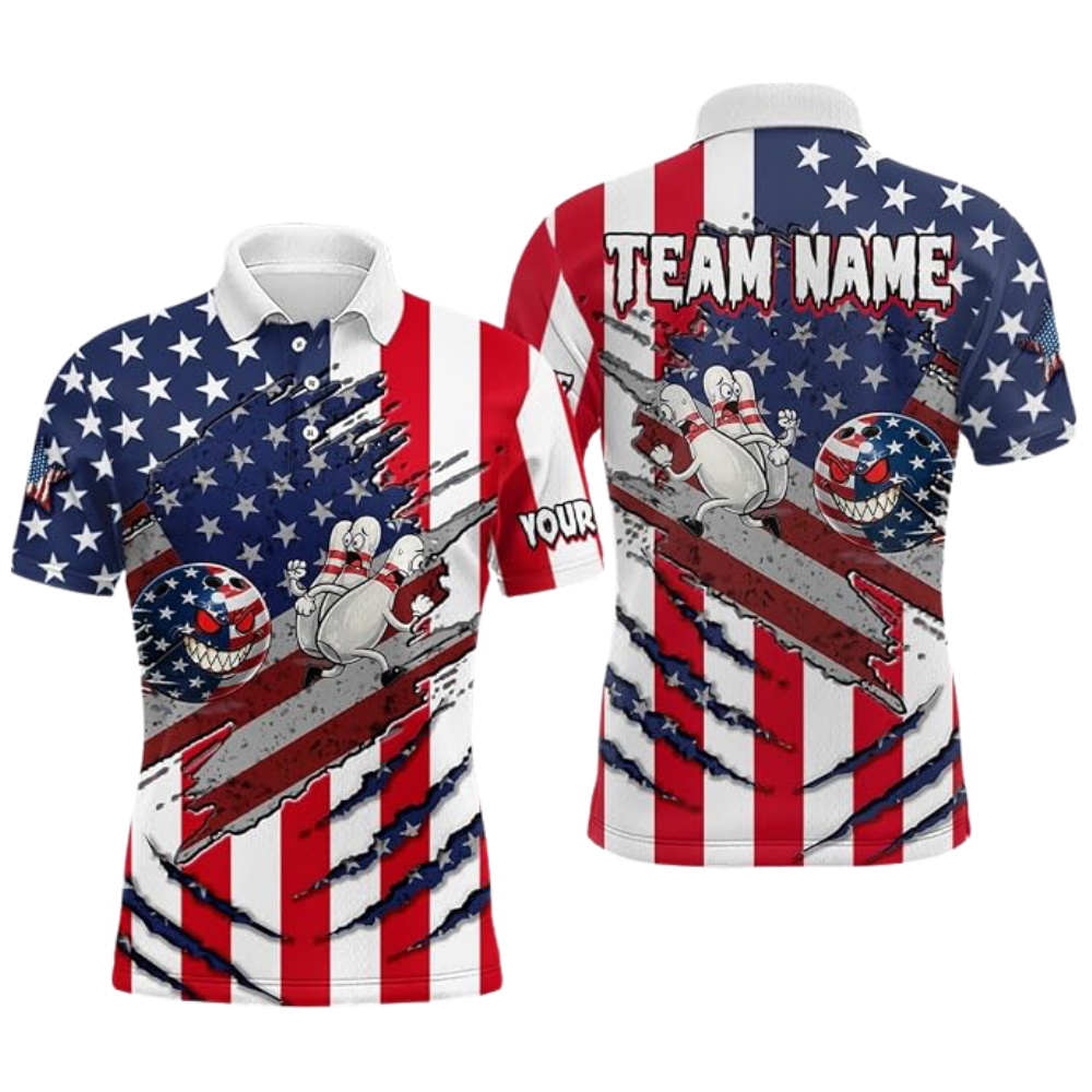Angry Ball And Scary Pins Custom American Flag Bowling Polo Shirt For Men, Custom Patriotic Bowling Team Shirt BZ0943