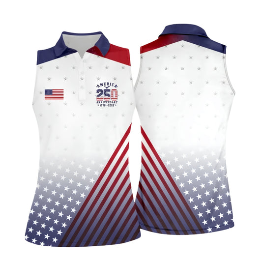 American Flag 250th Anniversary Women's Sleeveless Golf Shirts, 4th Of July Golf Shirts For Ladies GE0387