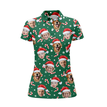 Custom Face Green Xmas Golf Polo Shirt Womens, Custom Photo Christmas Golf Shirts For Women GZ0457