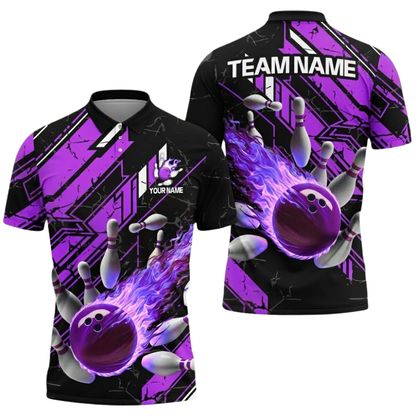 Custom Flaming Ball Bowling Polo Mens Shirt Red Black, Custom Flame Bowling Team Shirts BZ0691