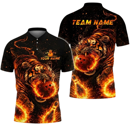 Custom Tiger Fire Ball Bowling Polo Shirt For Men, Custom Tiger Bowling Team Shirt BZ0805
