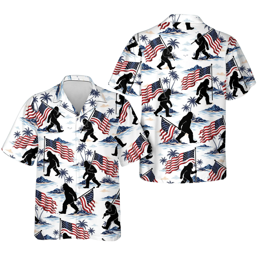 Tropical Bigfoot American Flag Hawaiian Shirt Mens, Sasquatch Patriotic Hawaiian Shirts HE0582