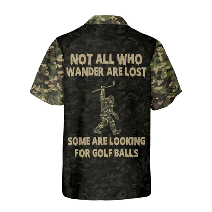 Not All Who Wander Are Lost Some Are Looking For Golf Balls Bigfoot Camo Golf Hawaiian Shirt For Men, Camo Sasquatch Golf Hawaiian Shirts HE0465