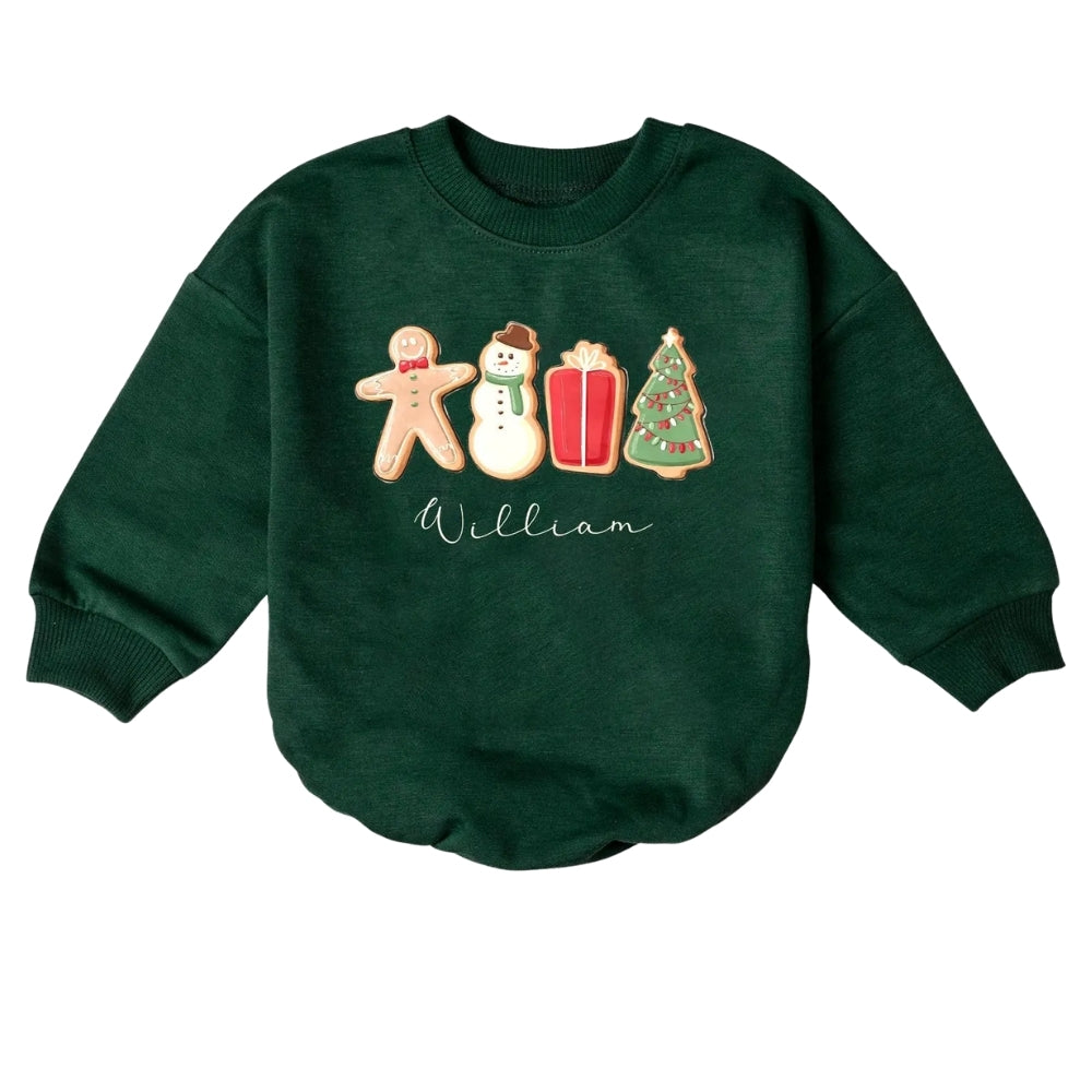 Custom Name Gingerbread Snowman Christmas Tree Baby Romper Sweater, Custom Christmas Baby Romper Sweatshirt BB0206
