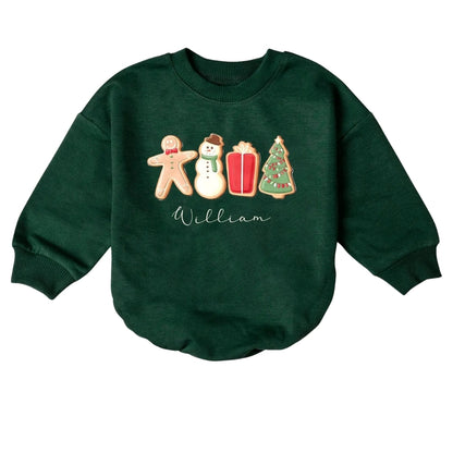 Custom Name Gingerbread Snowman Christmas Tree Baby Romper Sweater, Custom Christmas Baby Romper Sweatshirt BB0206