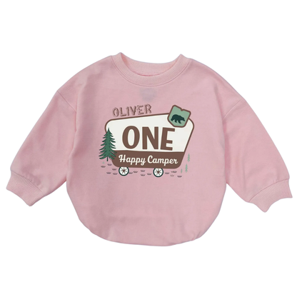 Cusom One Happy Camper Baby Romper Sweatshirt, Custom Camping First Birthday Romper Sweatshirt For Baby BB0521