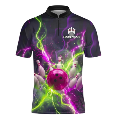 Custom Thunder Neon Pink Green Bowling Jersey Shirt For Men, Custom Thunder Bowling Team Shirt BZ1104