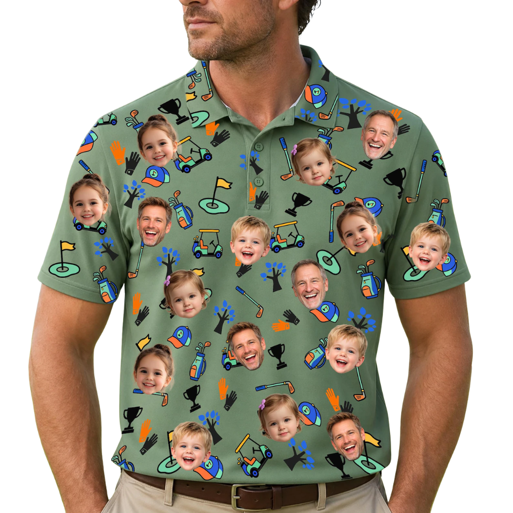 Custom Face Golf Men Polo Shirt For Dad Grandpa, Father's Day Custom Photo Golf Shirts GE0505