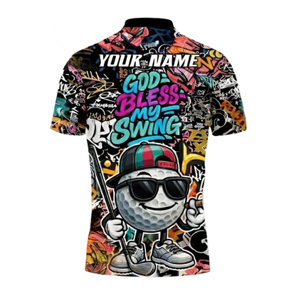 God Bless My Swing Custom Funny Golf Ball Graffiti Men's Golf Polo Shirt, Custom Graffiti Golf Team Shirts GZ0325