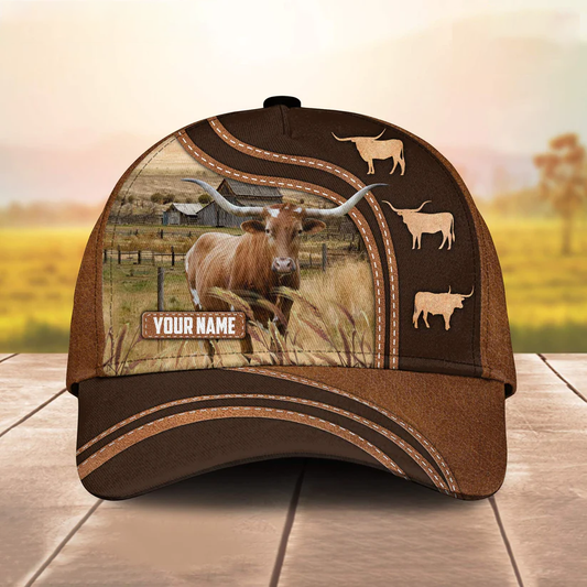 Texas Longhorn Leather Brown Pattern Customized Name Cap CA0090