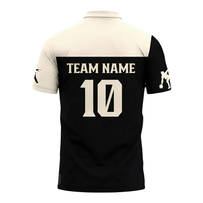 Custom Funny Pin Bowling Mens Polo Shirt, Custom Team Black Beige Bowling Shirts BZ0548