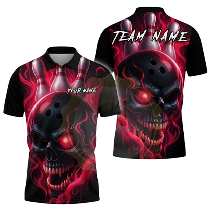 Custom Skull Pink Flame Bowling Polo Shirt For Men, Custom Skull Bowling Team Shirts BZ0613