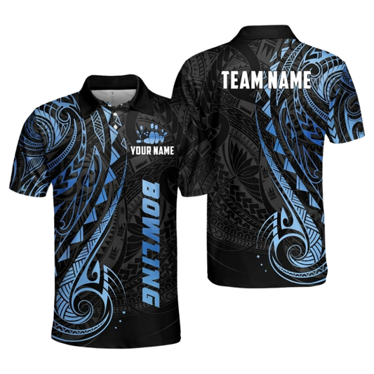 Custom Tribal Black And Blue Men's Bowling Polo Shirts, Custom Tribal Team Bowling Shirts BZ1051