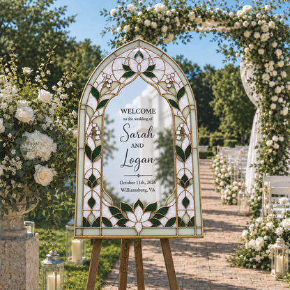 Custom White And Emerald Green Flower Stained Glass Wedding Acrylic Mirror Welcome Sign, Custom Floral Stained Glass Sign For Wedding WD0729