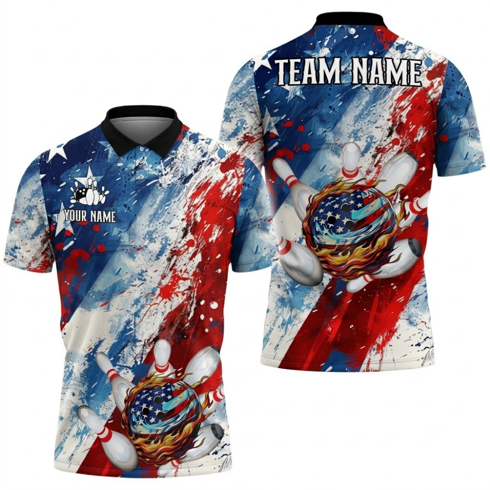 Custom American Flag Watercolor Bowling Polo Shirt For Men, Custom Patriot Bowling Team Shirt BZ0741