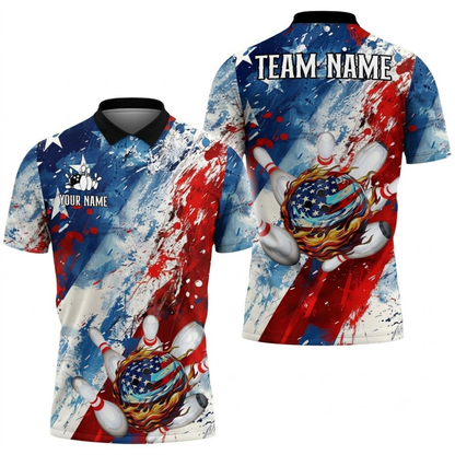 Custom American Flag Watercolor Bowling Polo Shirt For Men, Custom Patriot Bowling Team Shirt BZ0741