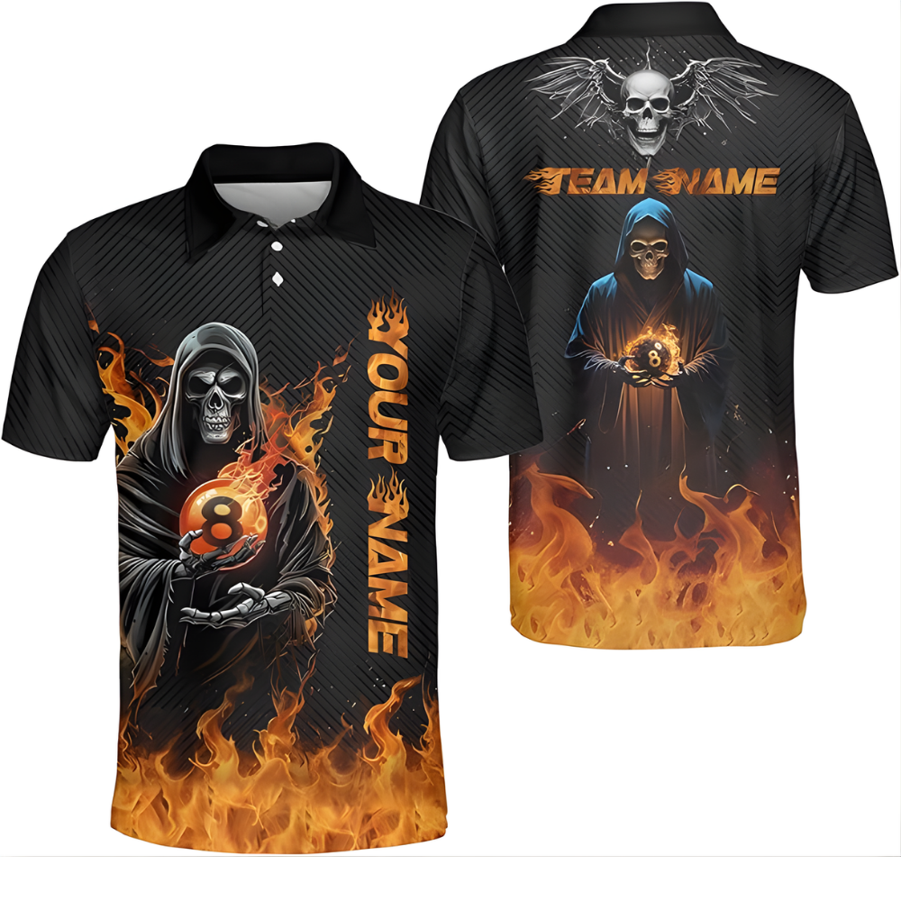 Custom Skull Flame 8 Ball Billiard Team Polo Shirts For Men, Custom Skull Billiard Shirts BIZ0084