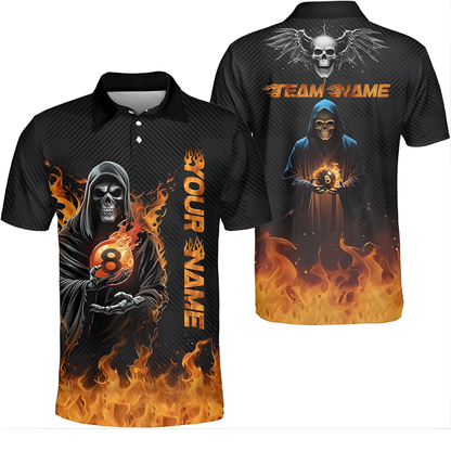 Custom Skull Flame 8 Ball Billiard Team Polo Shirts For Men, Custom Skull Billiard Shirts BIZ0084