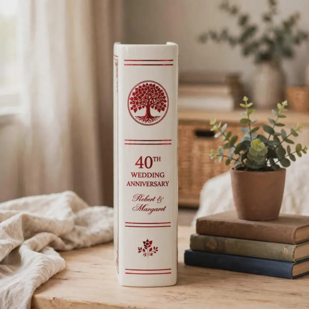 Personalized 40th Wedding Anniversary Ceramic Book Vase, Custom Ruby Wedding Anniversary Book Vase WD0649