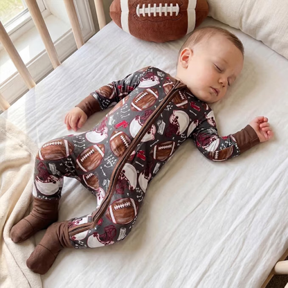 Football Baby Romper Convertibler Zipper Brown, Football Baby Romper Convertible BB0616